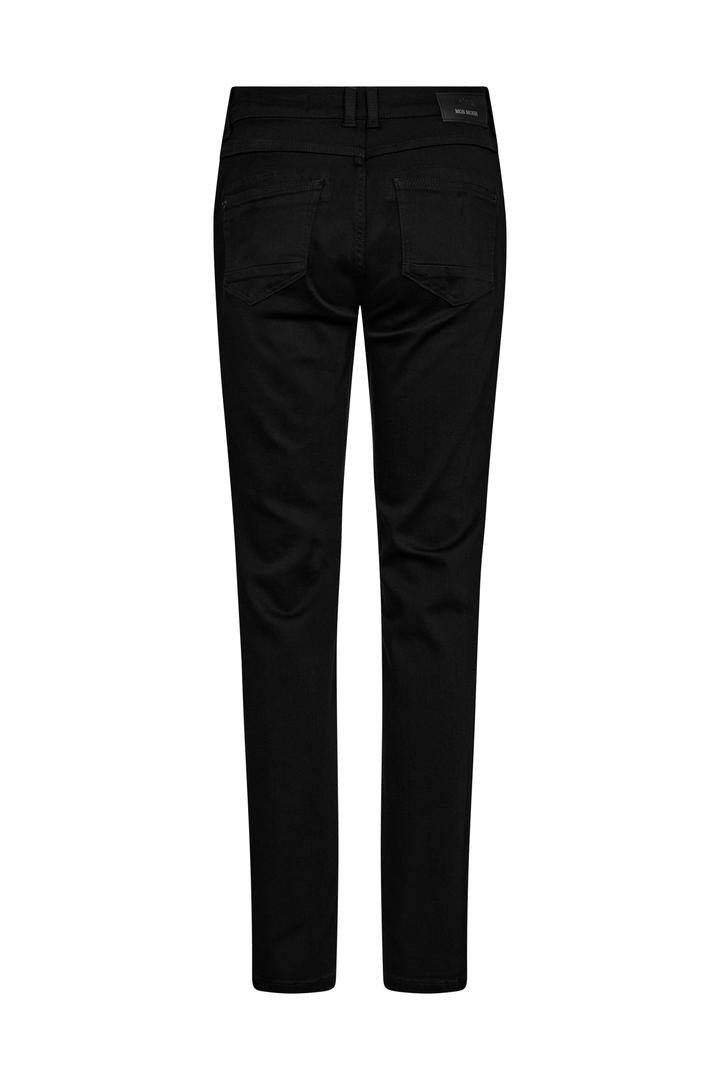Black tapered jean with mid rise and zip detail at left front pocket. 