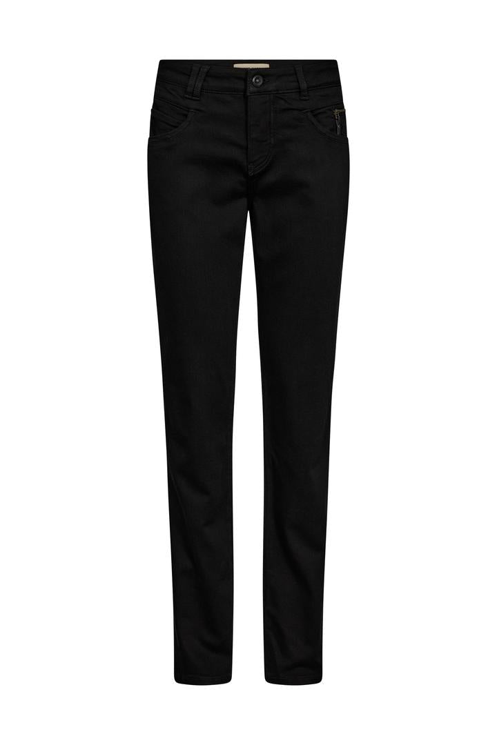 Black tapered jean with mid rise and zip detail at left front pocket. 