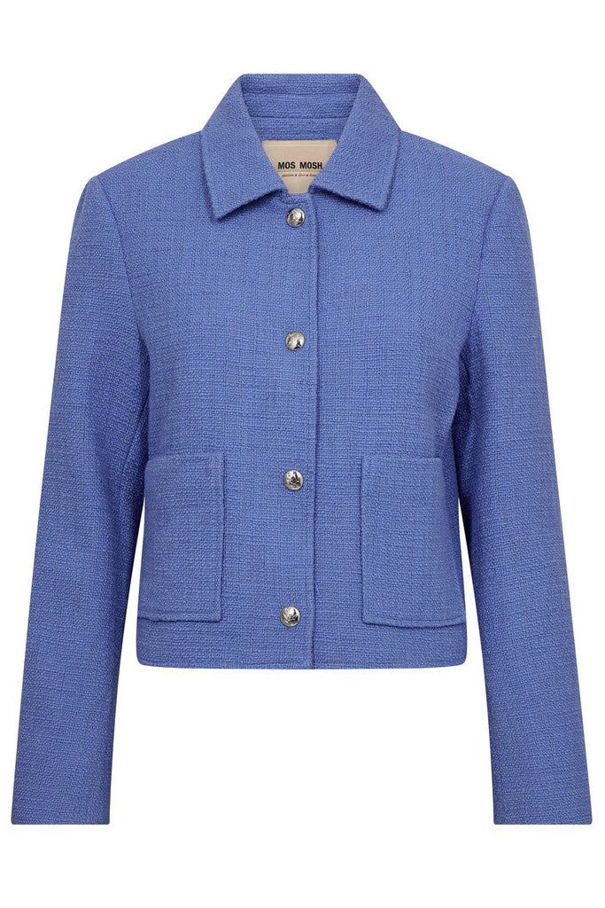 A blue textured blazer shown from the back, featuring a central pleat, collar, and buttoned cuffs, displayed on a clean white background.