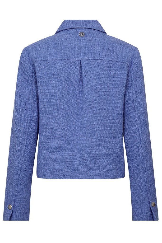 A blue textured blazer shown from the back, featuring a central pleat, collar, and buttoned cuffs, displayed on a clean white background.