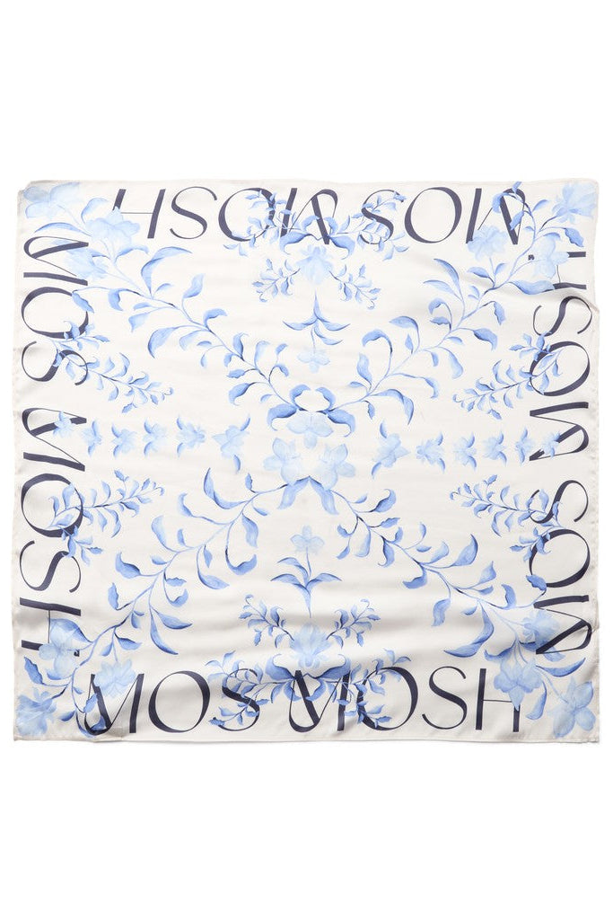 A square scarf featuring a light blue floral pattern on a white background, with 'MOS MOS' printed in dark blue along the borders.