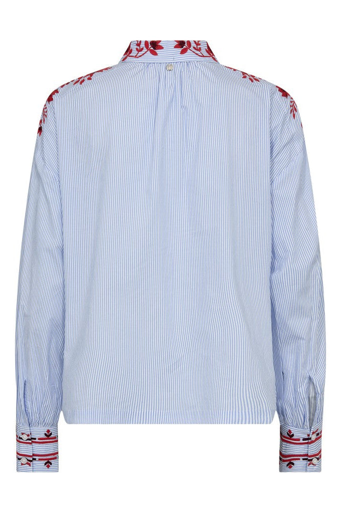 Light blue stripe shirt with red floral embroidery on a plain background shown from the back.  