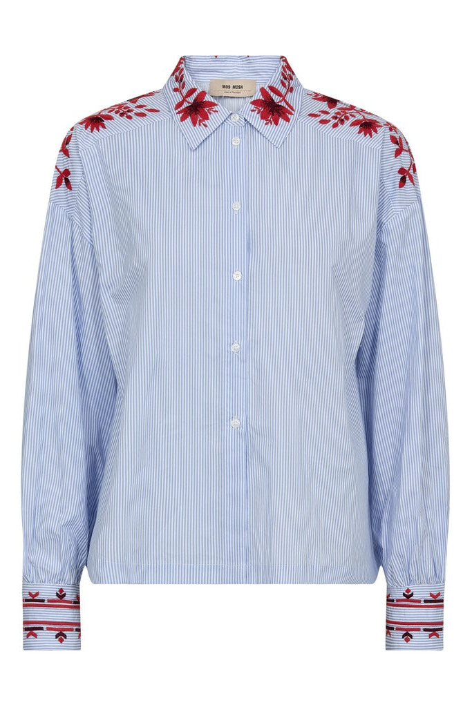 Light blue stripe shirt with red floral embroidery on a plain background 