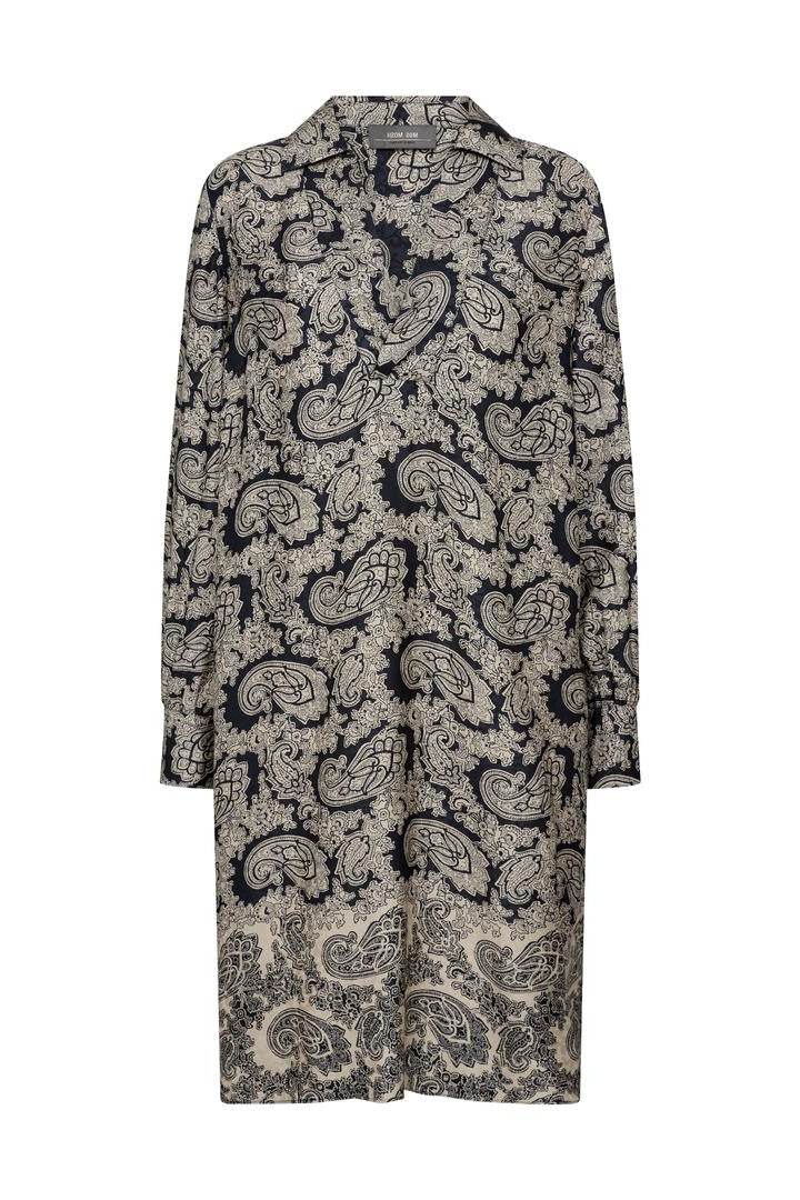 Paisley print long sleeve tunic dress salute navy and ecru 