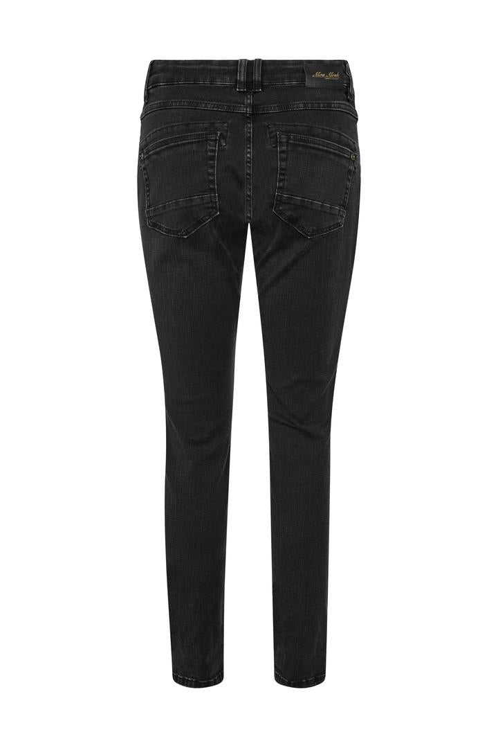 Black wash tapered leg jean with sequin pocket details.  Back pockets. 