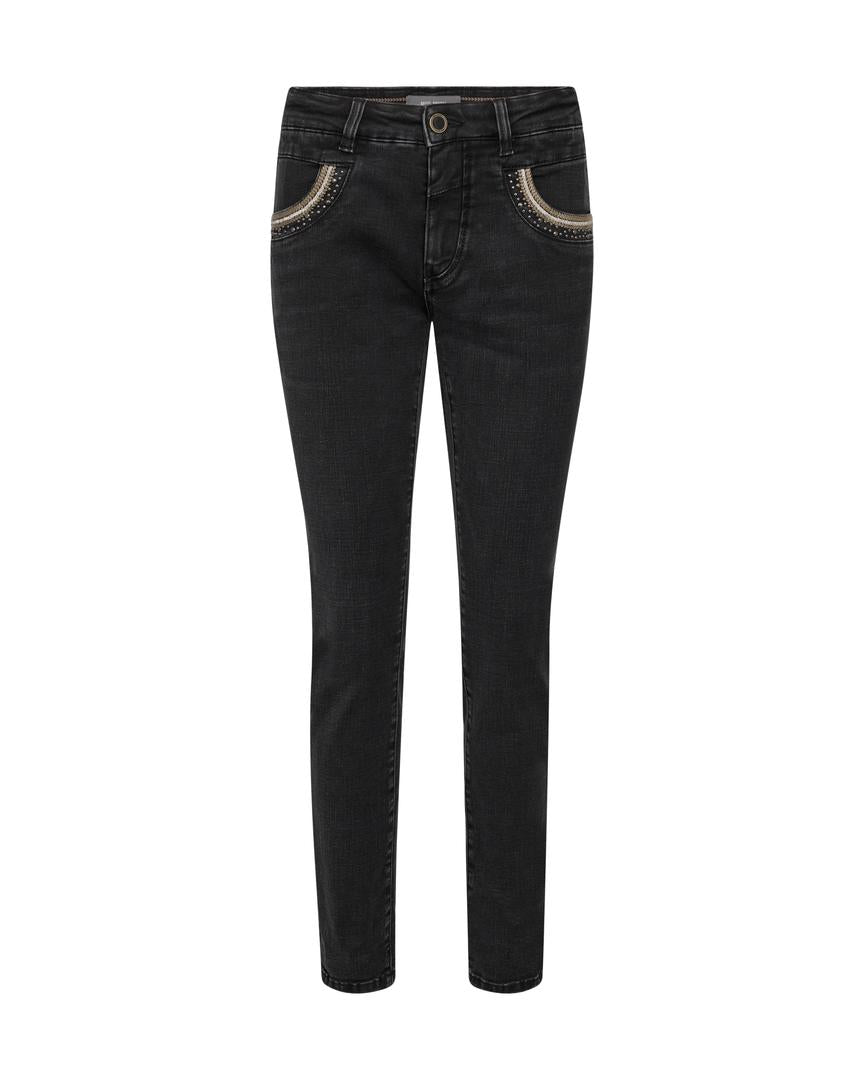 Black wash tapered leg jean with sequin pocket details. 