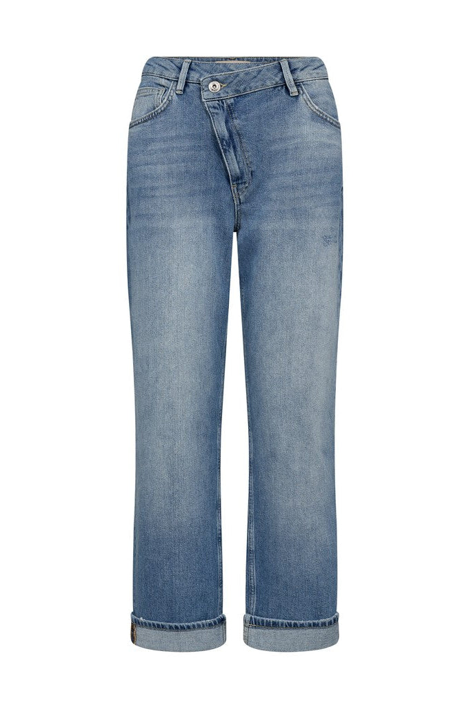 Light blue denim jeans with a straight-leg fit, cuffed hems, and slanted zip detail shown against a plain white background.