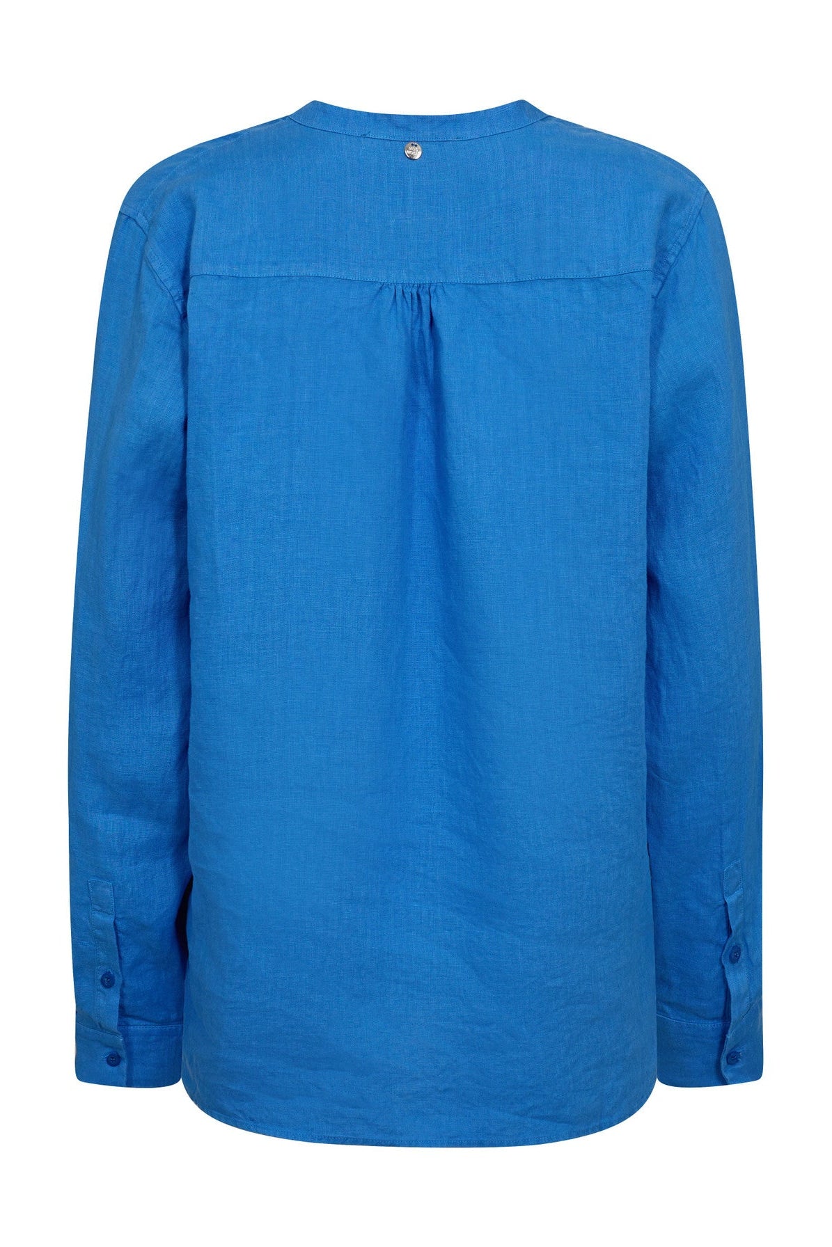 Blue long sleeve linen shirt on a white background. 