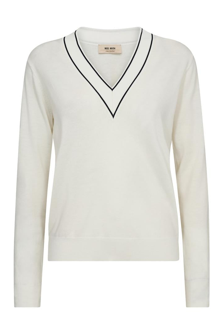 White sweater with black trim on a white background