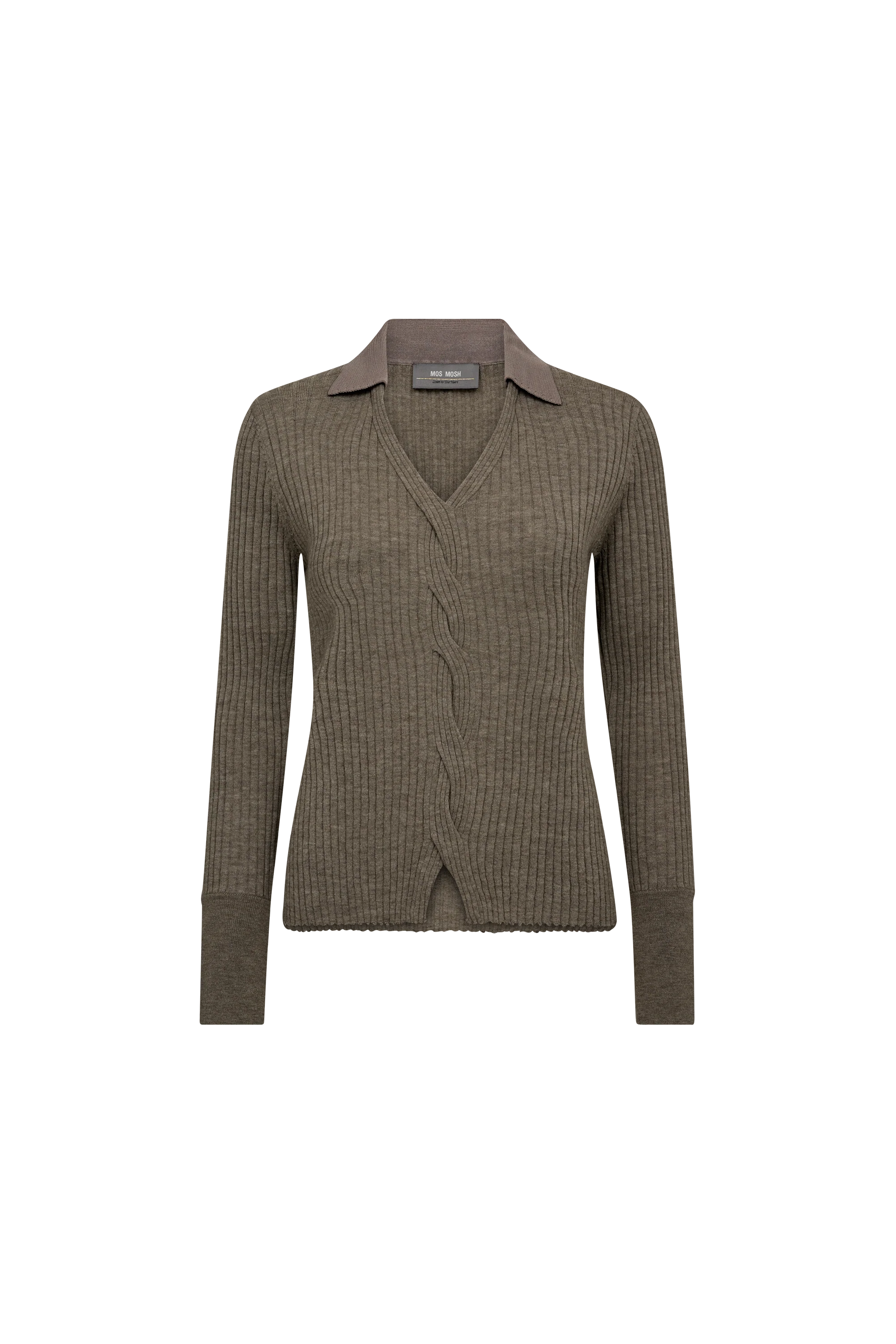 Brown ribbed knit polo sweater on a white background