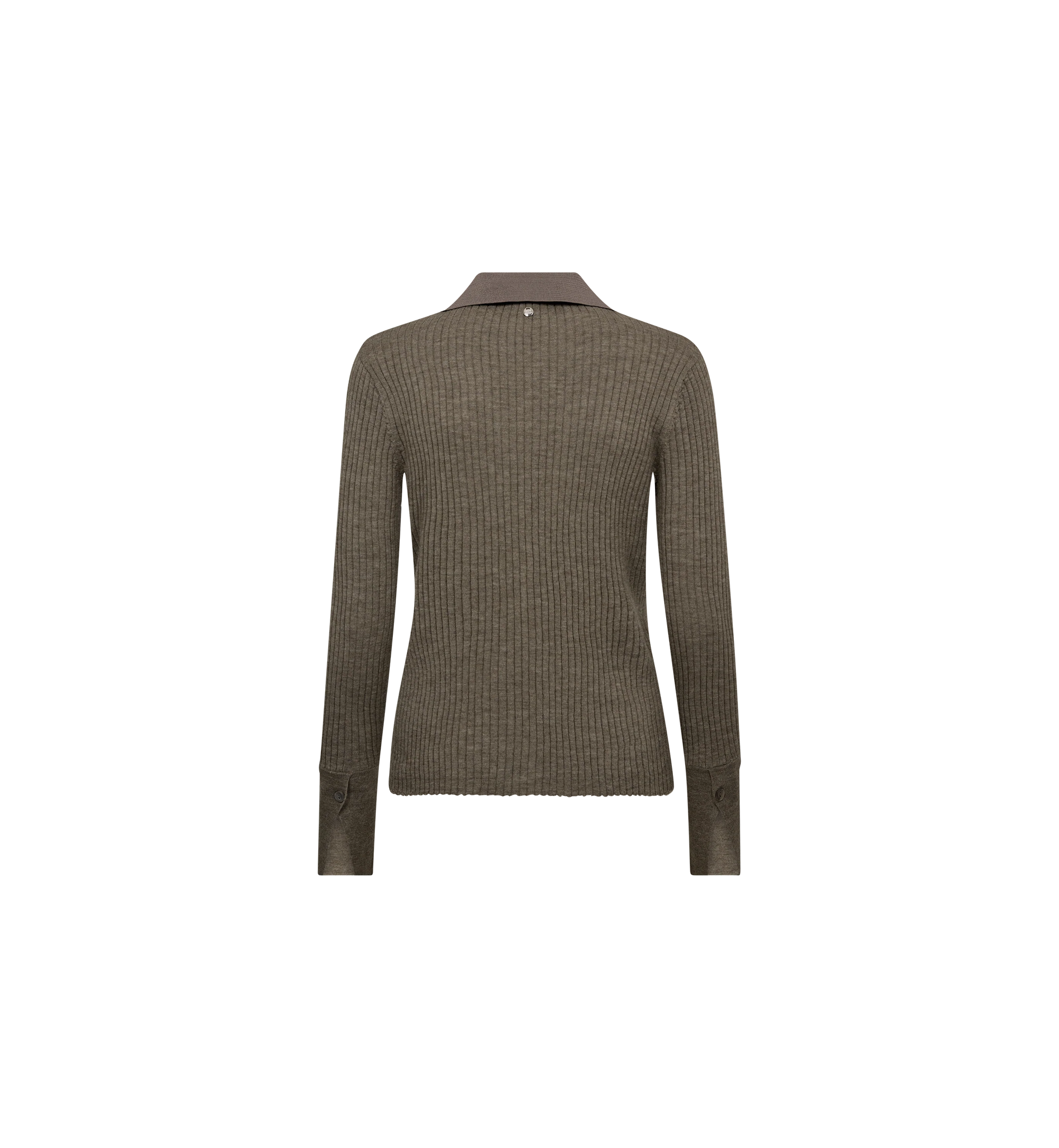 Brown ribbed polo knit sweater on a white background