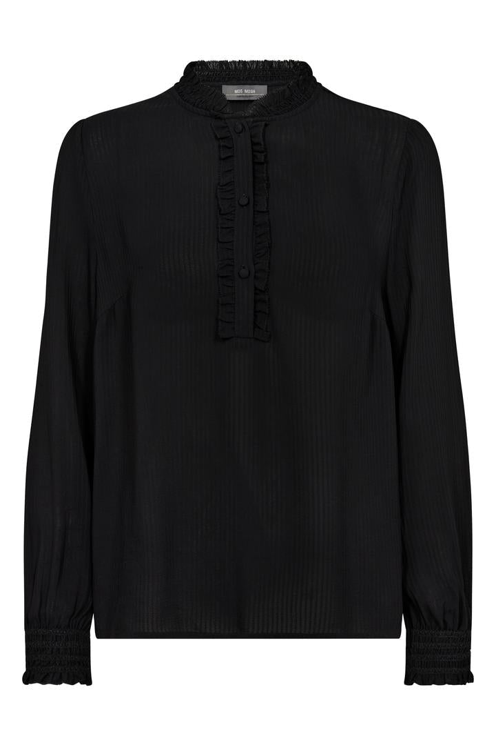Black long sleeve blouse with frill detail. 