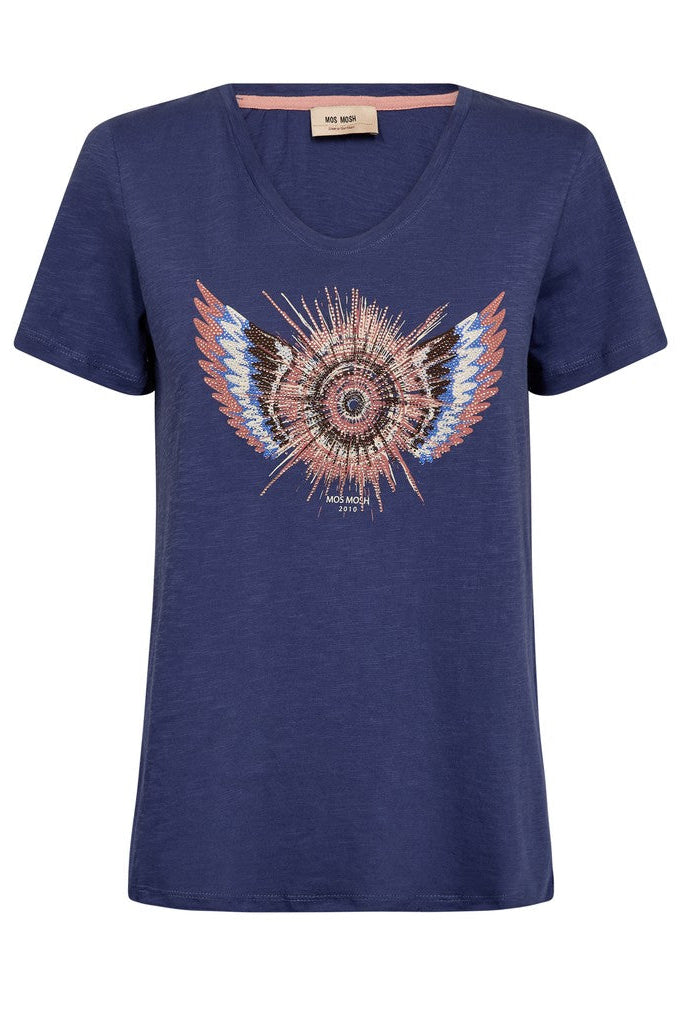 A women's short-sleeve v-neck t-shirt in heathered navy blue, featuring a large central graphic of a stylized winged sunburst in pink, orange, and blue, with 'SUNSET' printed below.