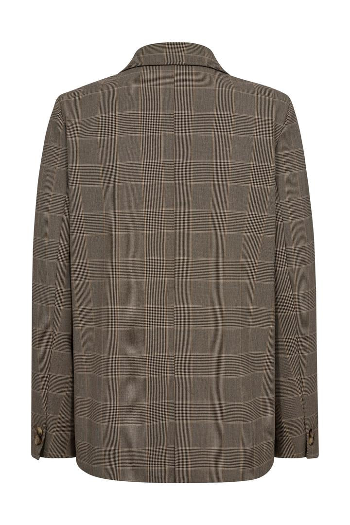 With an earthy checkered pattern, long sleeves, and classic lapel, this is a  slightly oversized blazer.