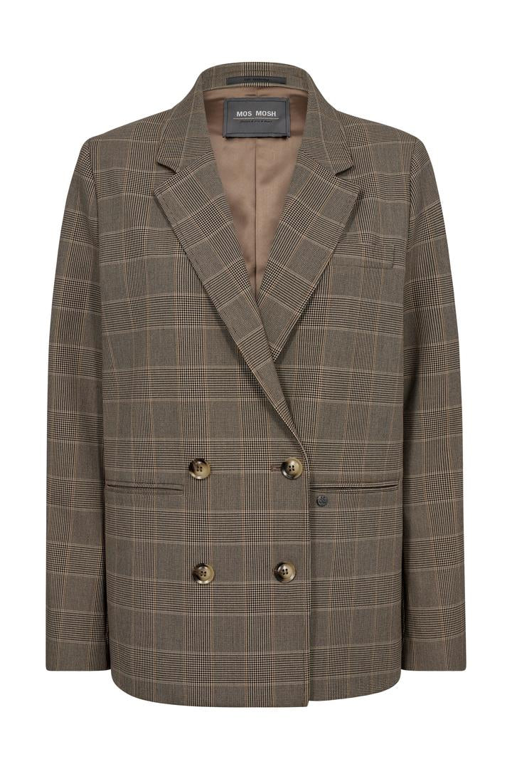 With an earthy checkered pattern, long sleeves, and classic lapel, this is a  slightly oversized blazer.