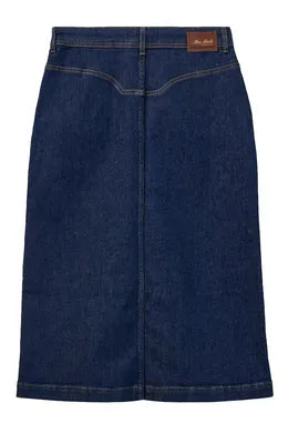 midi length dark blue denim skirt with tan double stitching and gold button. 