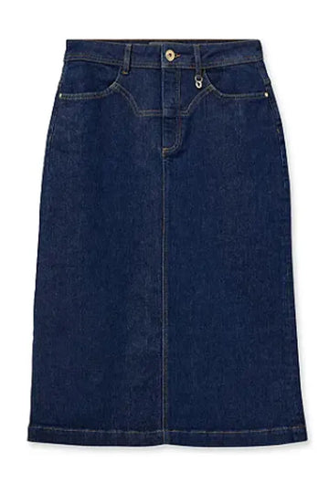 midi length dark blue denim skirt with tan double stitching and gold button. 