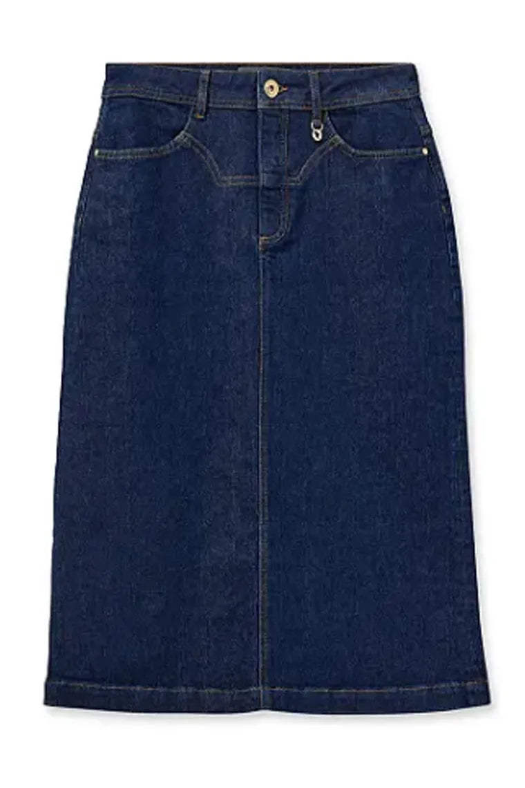midi length dark blue denim skirt with tan double stitching and gold button. 