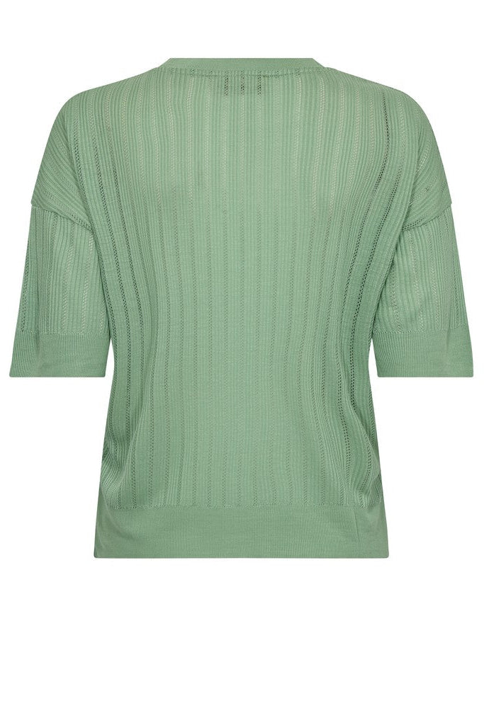 A sage green ribbed knit short-sleeve top shown from the back, featuring a crew neck and vertical ribbed texture, set against a plain white background.