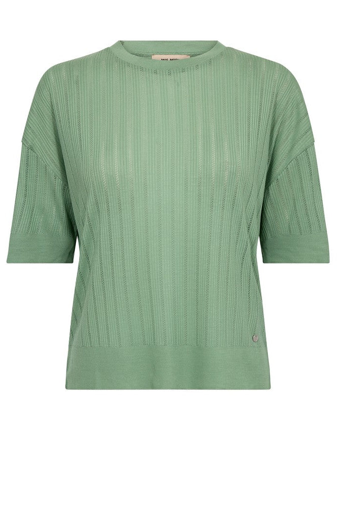 A sage green ribbed knit short-sleeve top with a crew neck, displayed on a clean white background.