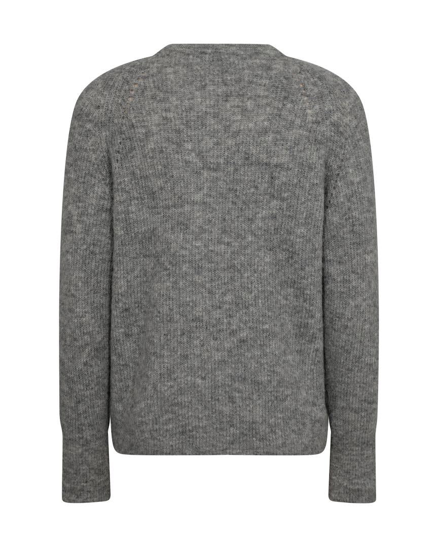 Grey melange crew neck sweater with slight rib detail. Soft alpaca.   Back. 