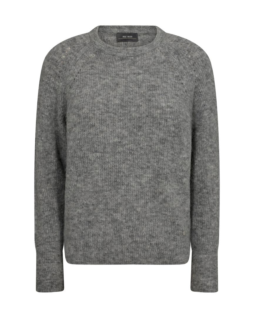 Grey melange crew neck sweater with slight rib detail. Soft alpaca.  