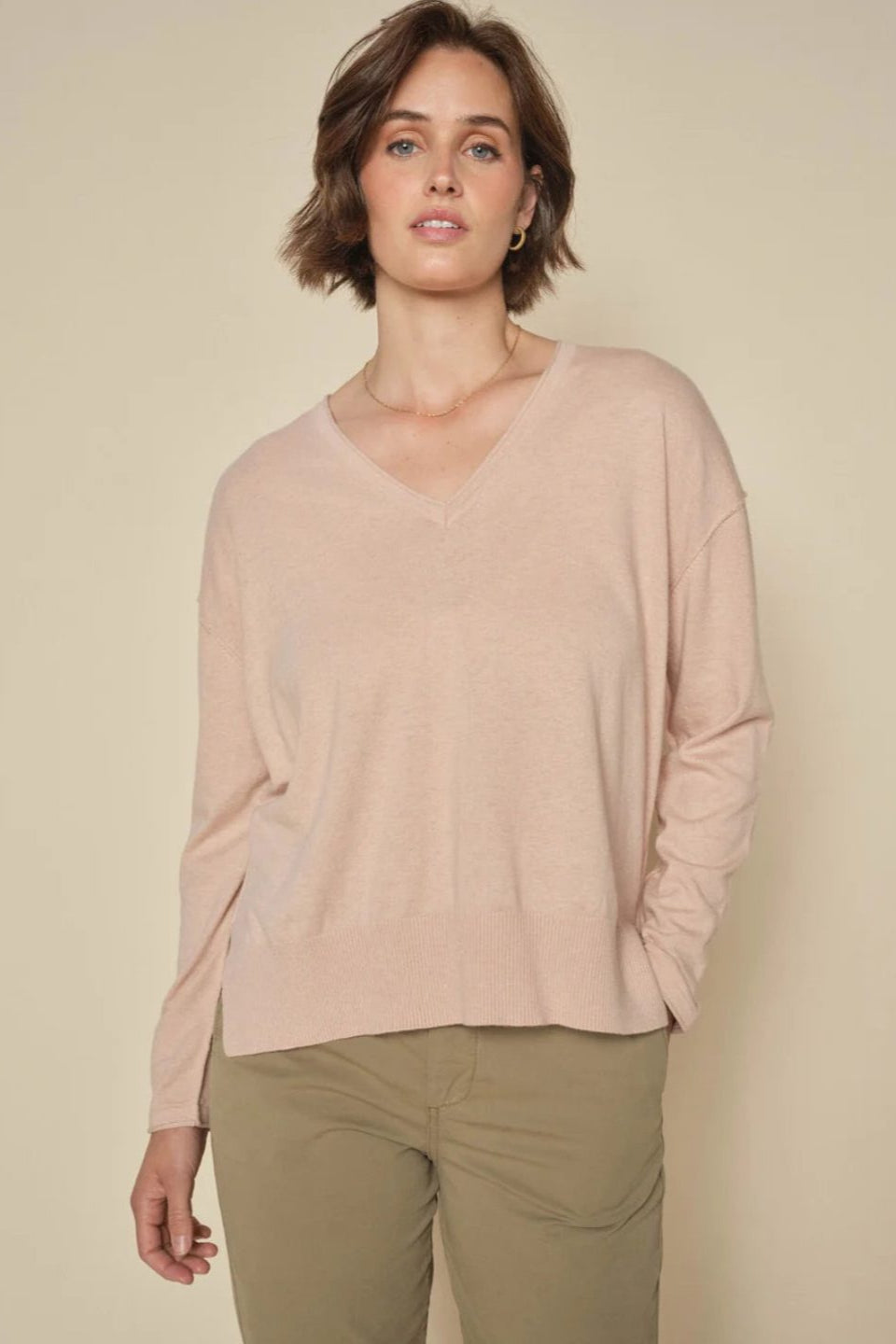 Blush Pink  long sleeve cotton cashmere blend v neck sweater. 