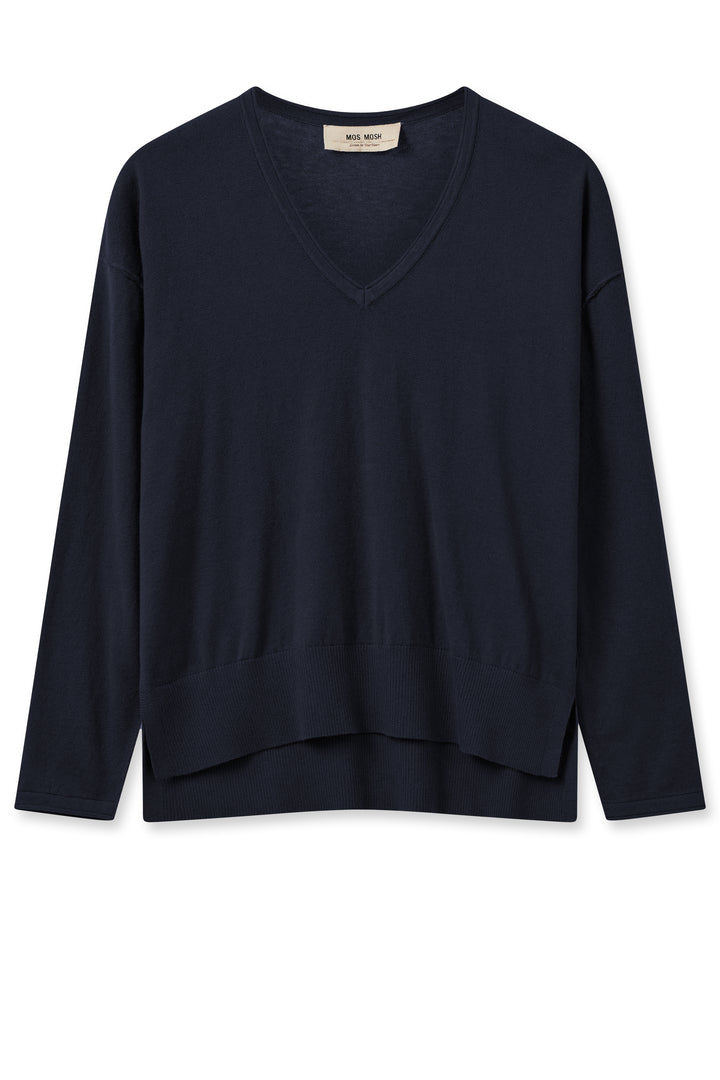 Long sleeve navy blue cotton cashmere v neck sweater. 