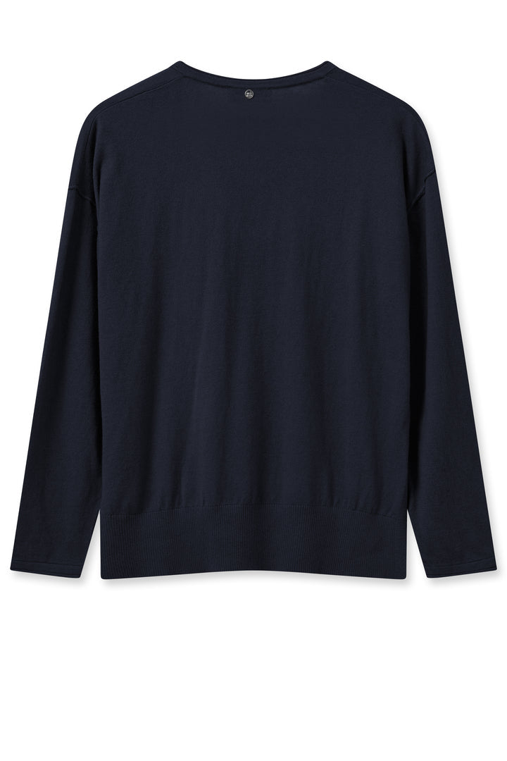 Long sleeve navy blue cotton cashmere v neck sweater. 