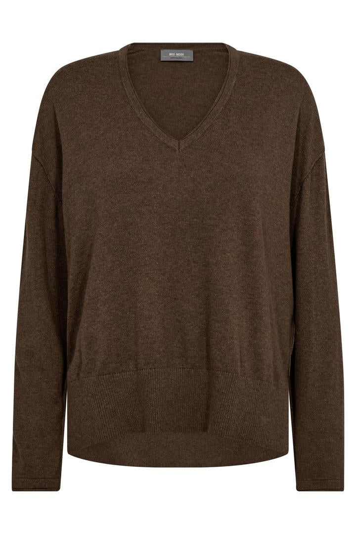 V neck long sleeve cashmere cotton blend sweater. Brown/Green colour.