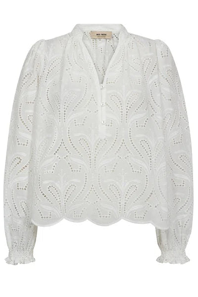 white embroidered blouse with long sleeves on a white background