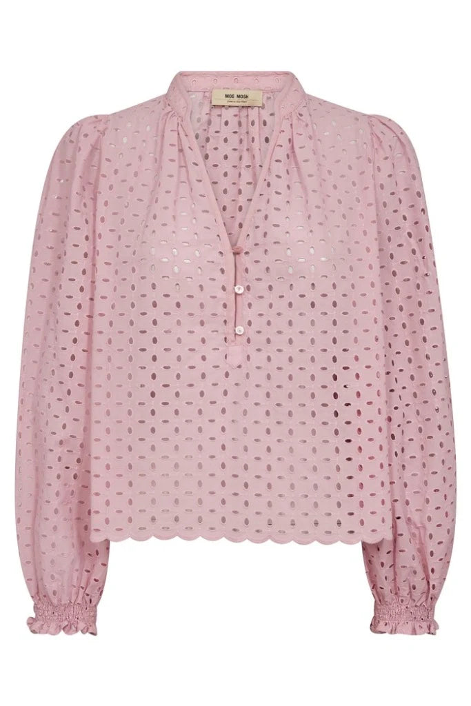 A light pink broderie  blouse with long balloon sleeves, a gathered high collar, and a scalloped hem, shown against a plain white background.