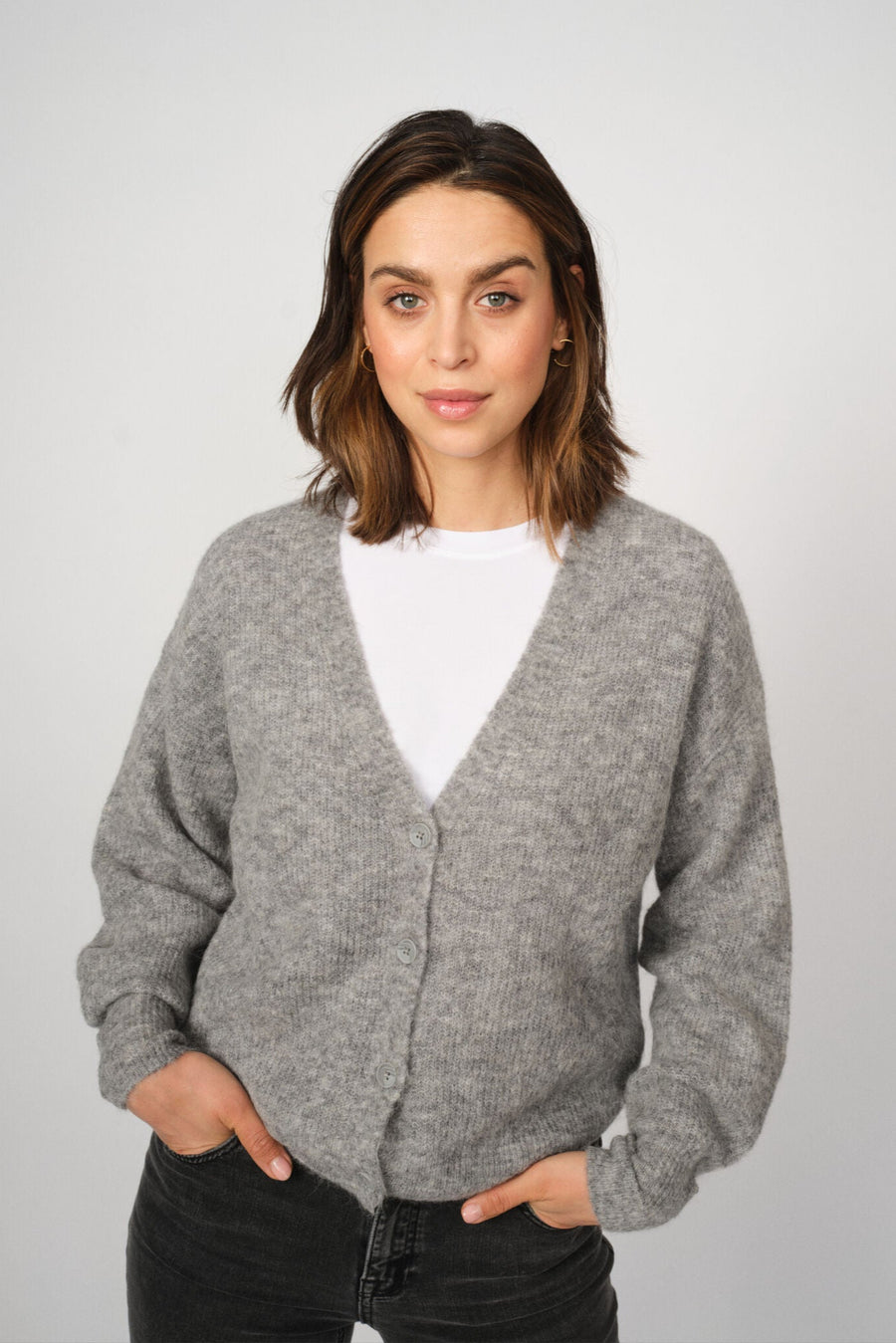 Grey Marle cropped cardigan with v neck and button front. 