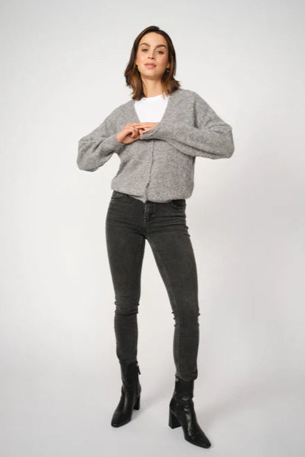 Grey Marle cropped cardigan with v neck and button front. 