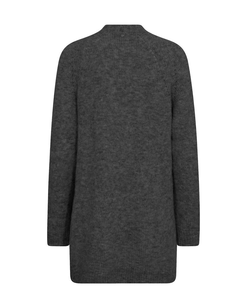 Dark Grey long sleeve knit cardigan with open front. 
