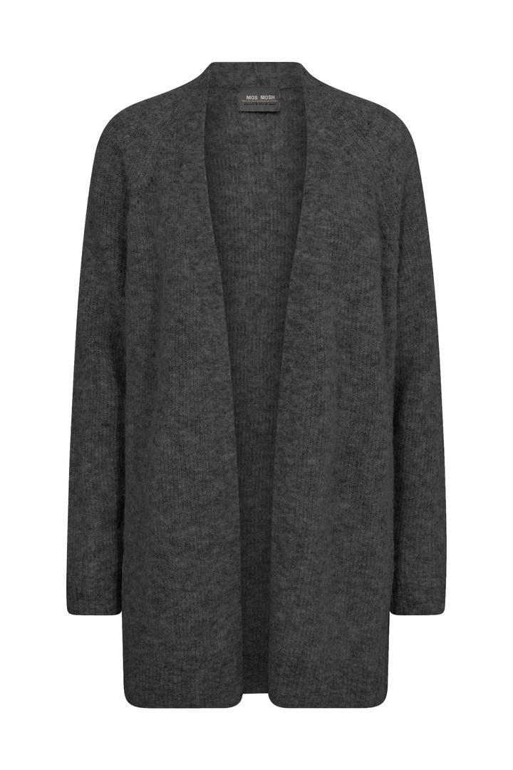 Dark Grey long sleeve knit cardigan with open front. 