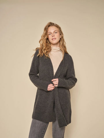 Dark Grey long sleeve knit cardigan with open front. 