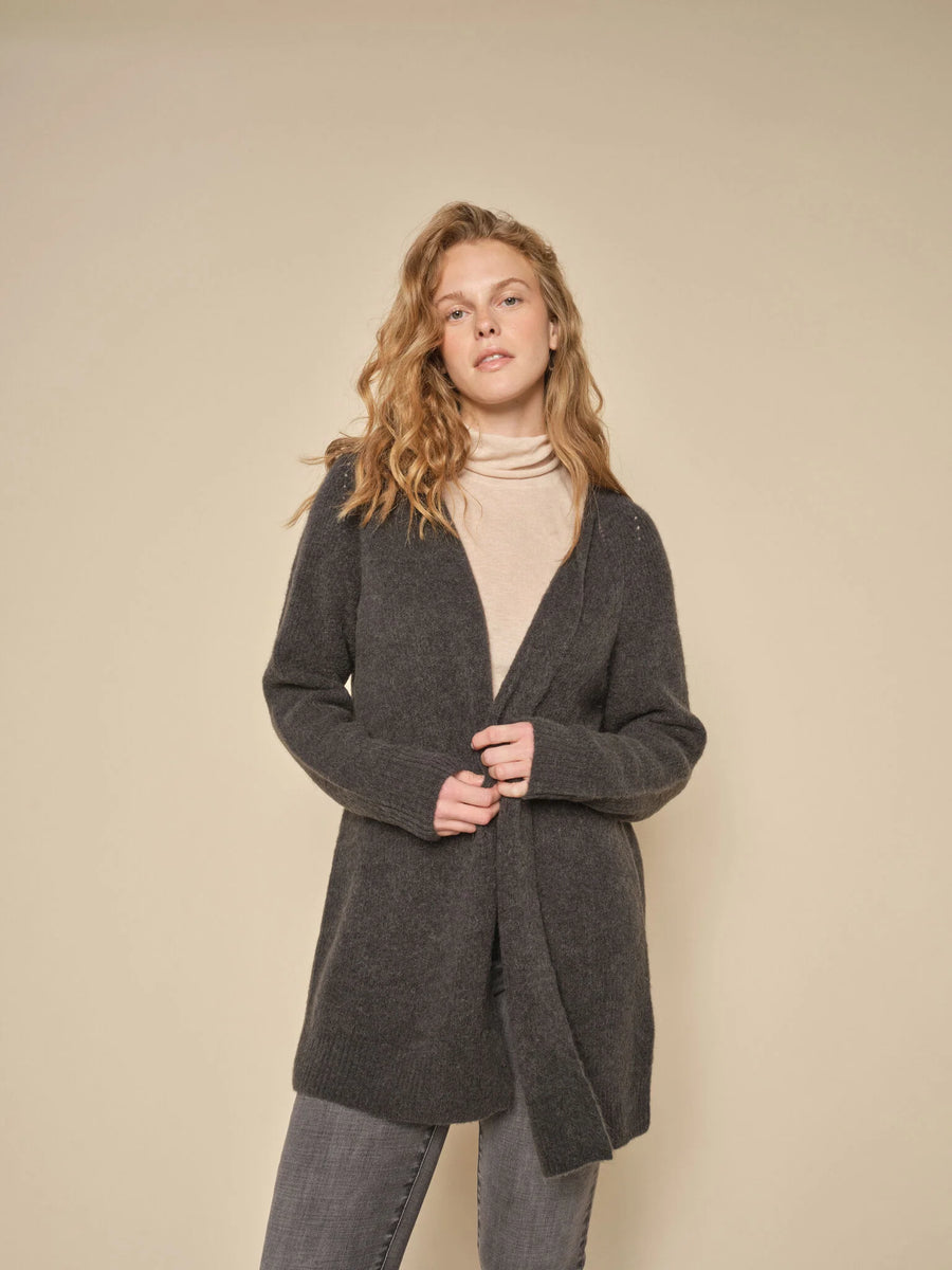 Dark Grey long sleeve knit cardigan with open front. 
