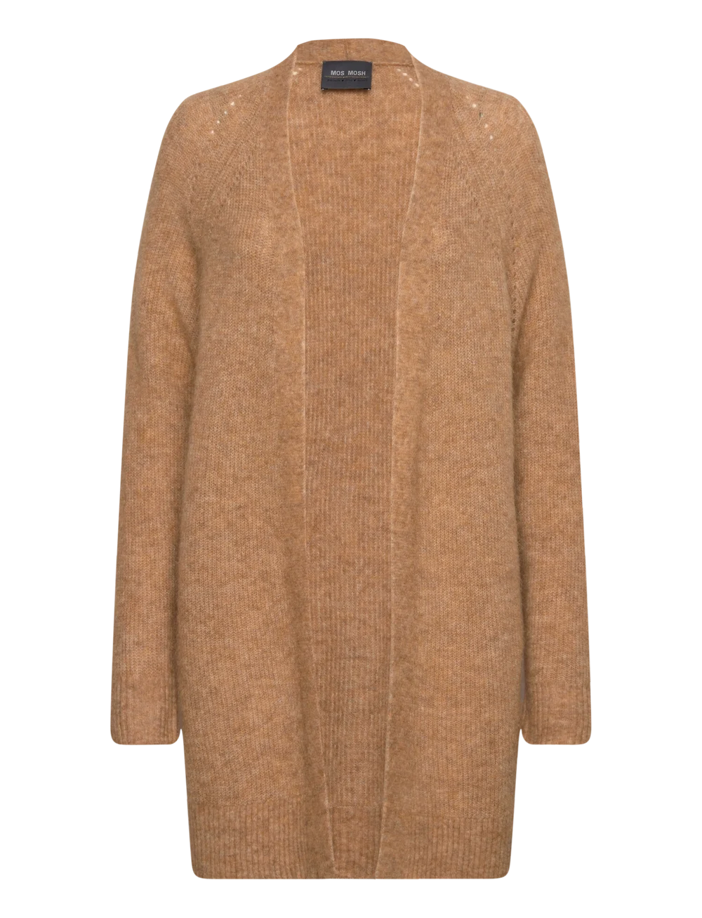 Long sleeve long line knit cardigan in Tan. 