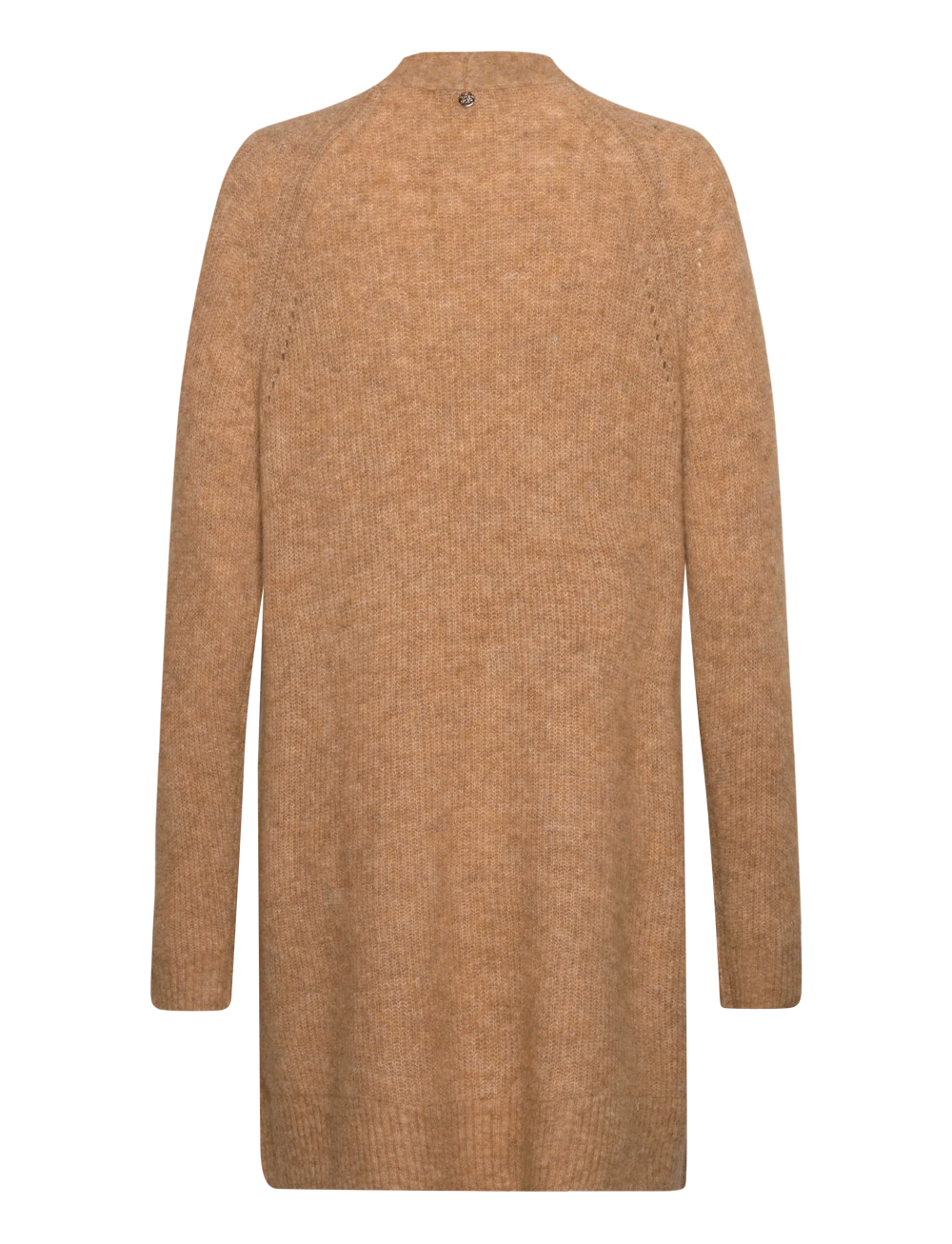 Long sleeve long line knit cardigan in Tan. 