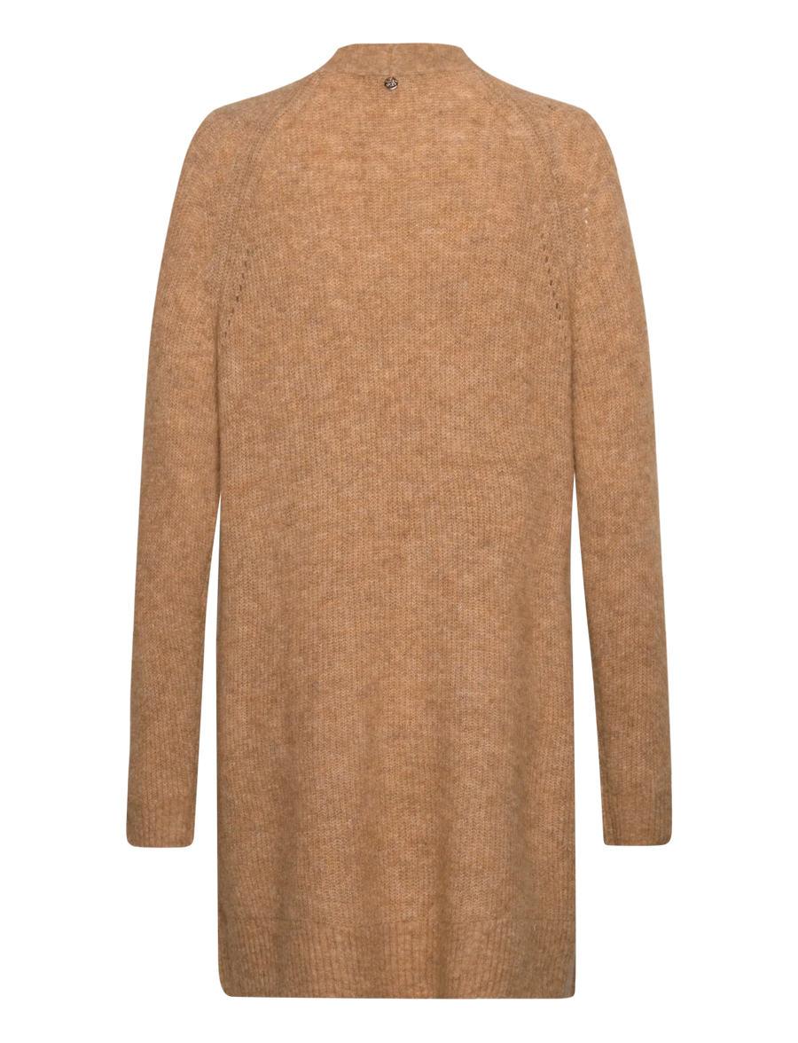 Long sleeve long line knit cardigan in Tan. 