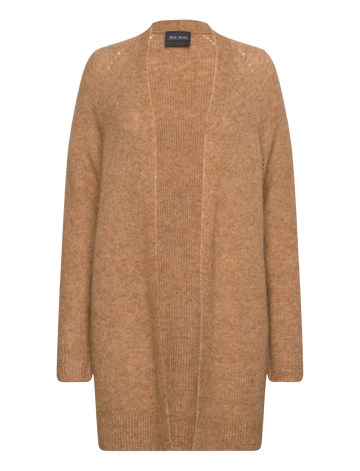Long sleeve long line knit cardigan in Tan. 