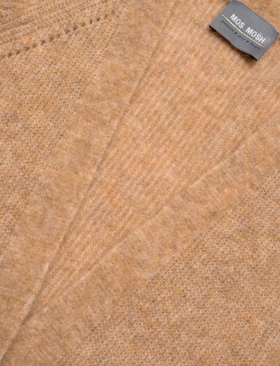 Long sleeve long line knit cardigan in Tan. 