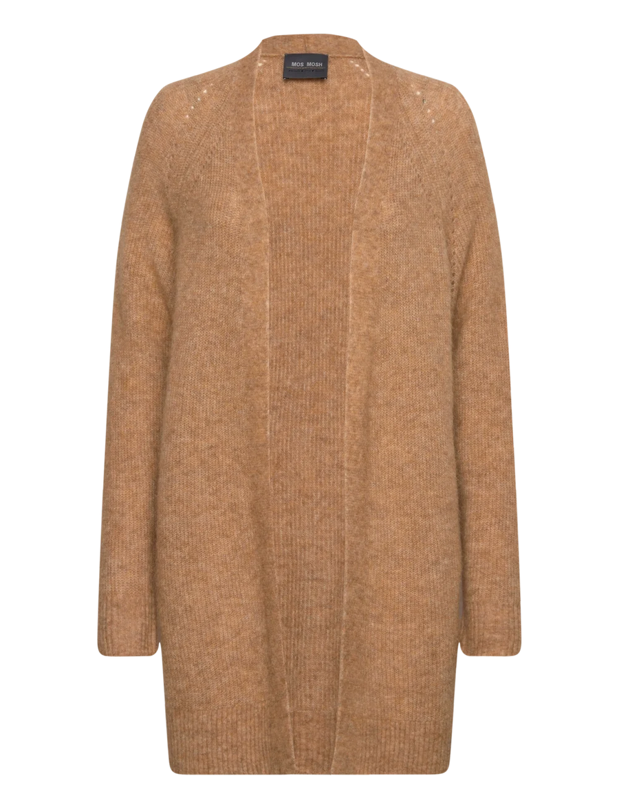 Long sleeve long line knit cardigan in Tan. 