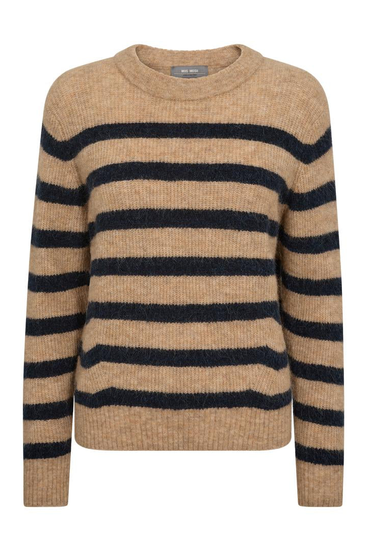 Crew neck knit sweater with tan base and navy stripe detail. 