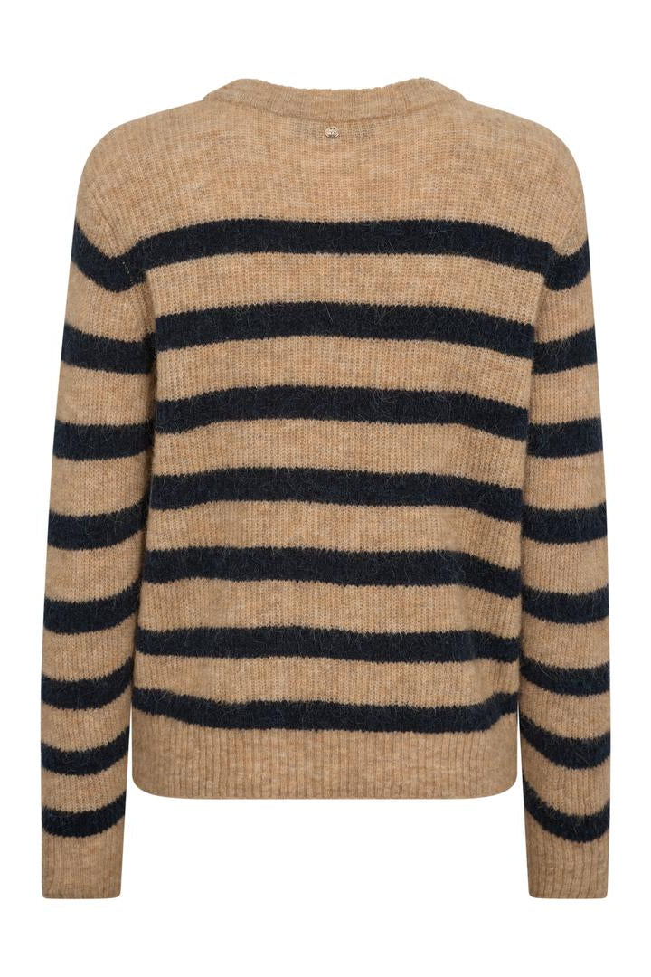 Crew neck knit sweater with tan base and navy stripe detail. 