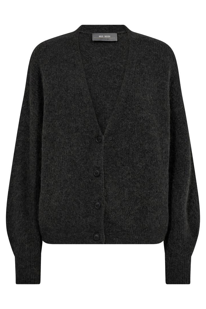 Dark Grey V neck knit cardigan with button front. 
