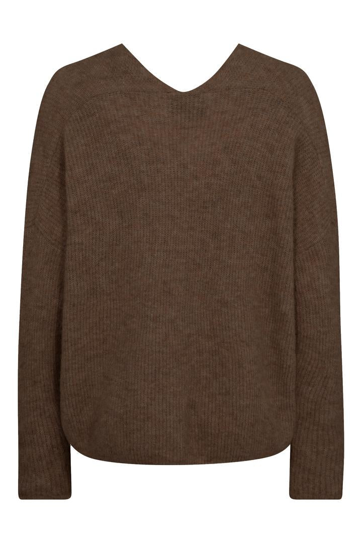 V Neck wool sweater with rib detail in brown colourway. 