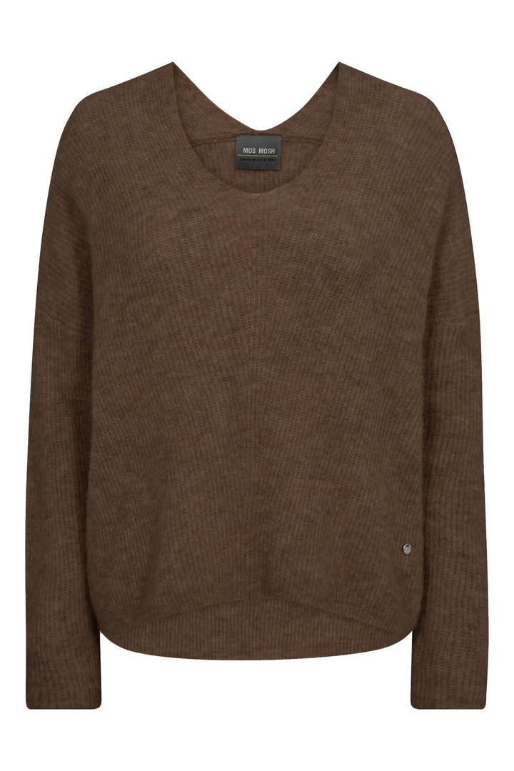 V Neck wool sweater with rib detail in brown colourway. 