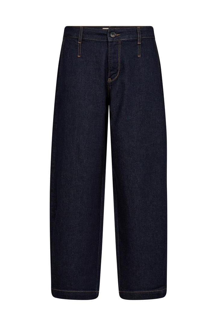 Dark blue chino style jeans on a white background